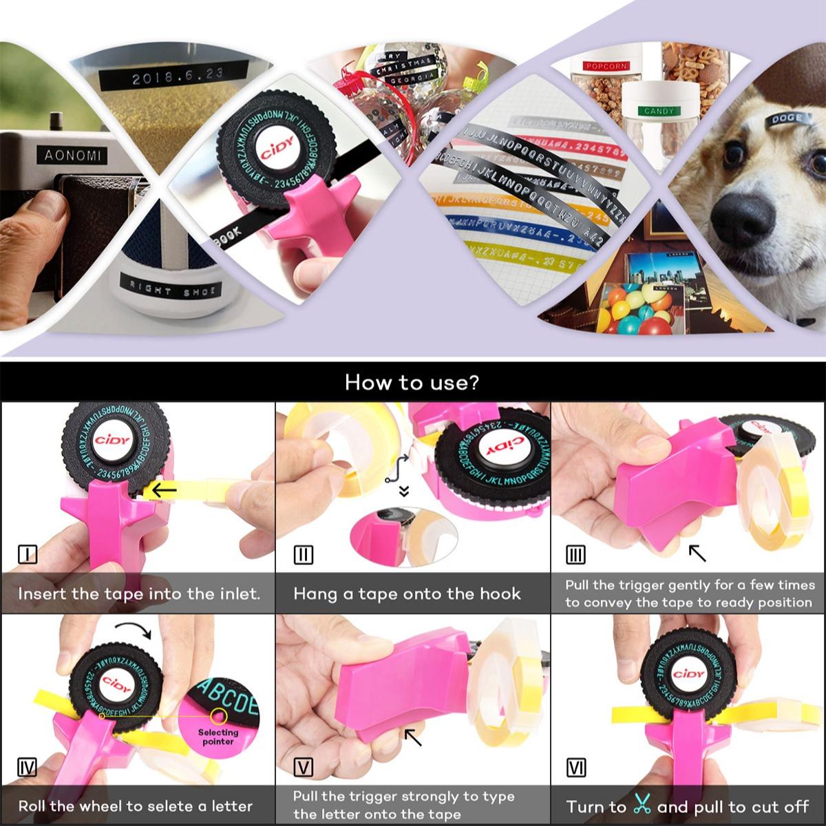 Mini Manual Printer C101 Label Embossing Tape Printer, Small Typewriter with 2 Rolls Ribbon, Handheld Stamping Machine for Notebooks, Portable