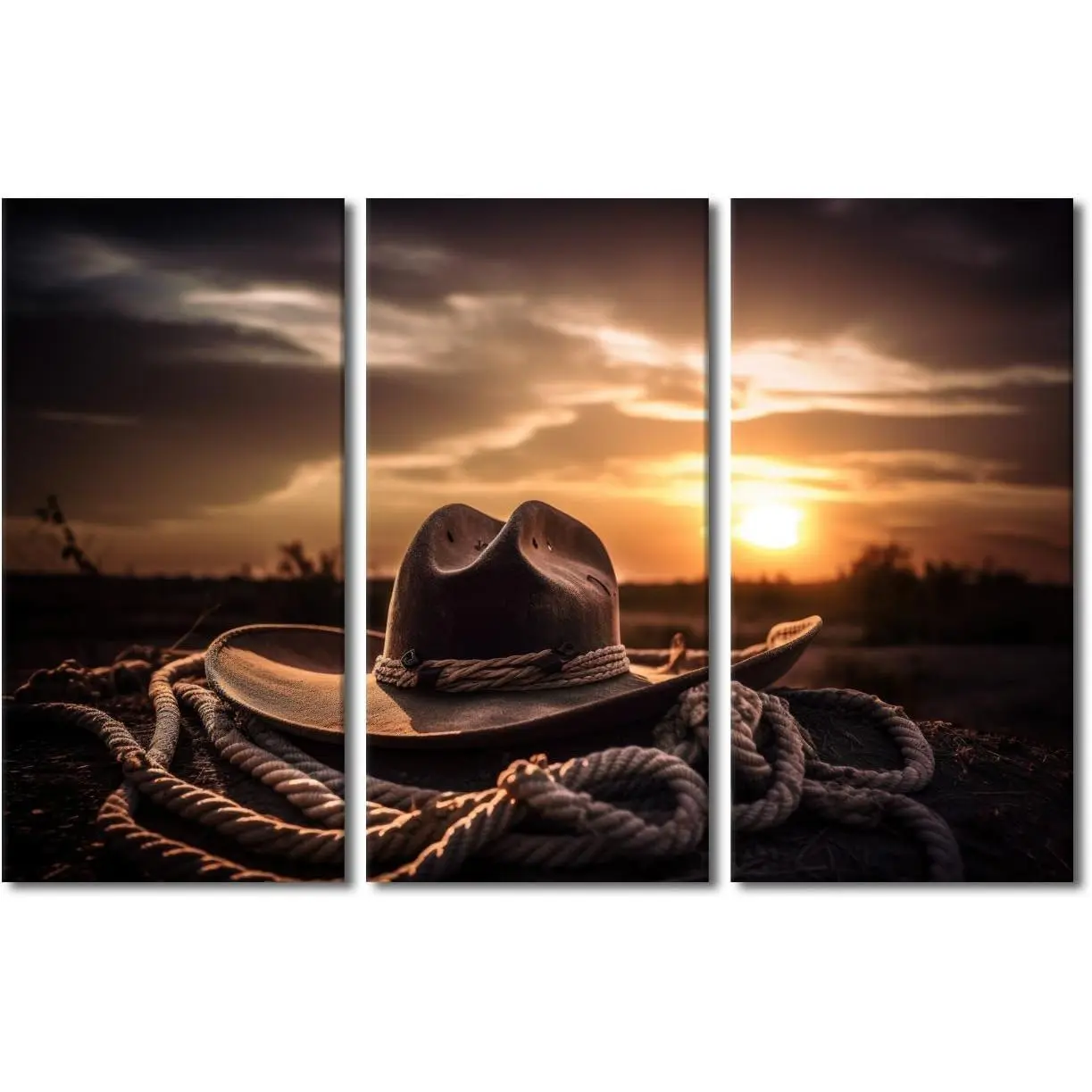 Modern Wall Art 3 Panel Iconic Cowboy Hat Rope and Lasso Against Sunset Sky Pictures Print on Canvas for Home Office Wall Decoration Wooden Framed Gallery-Wrapped Ready to Hang 42x28 in
