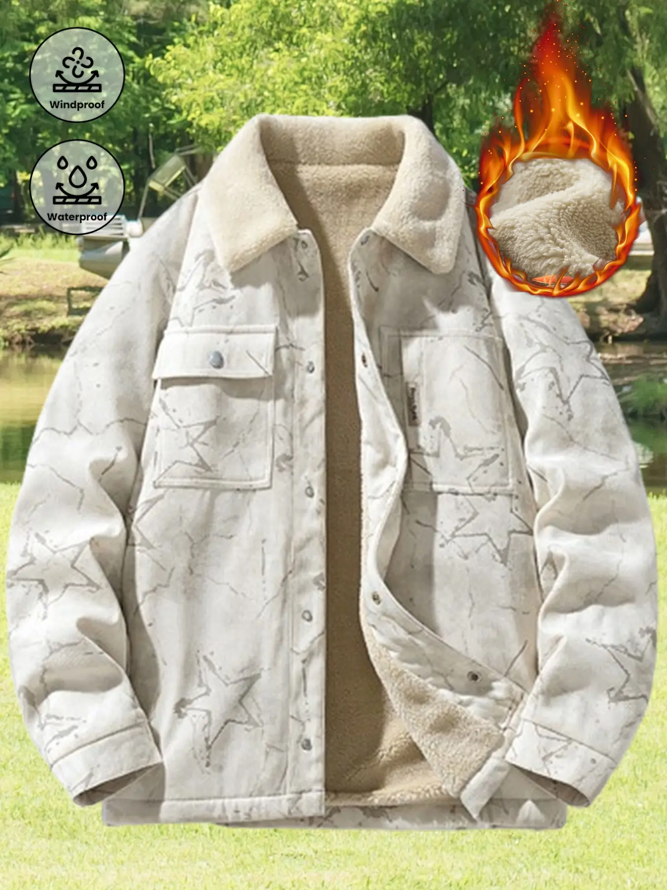 Men's Sheepskin Faux Fur Jacket, Stand Collar Vertical Stripe Design, Functional Style Outdoor Coat, Warm and Cozy Outerwear