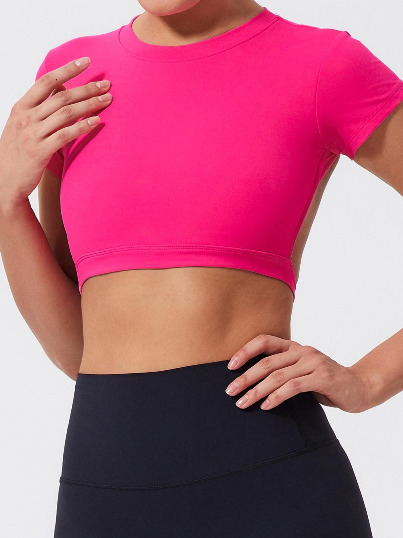 Women's Solid Backless Crop Gym Top, Casual Short Sleeve Round Neck T-Shirt for Daily Wear, Ladies Sportswear for Indoor and Outdoor Wear