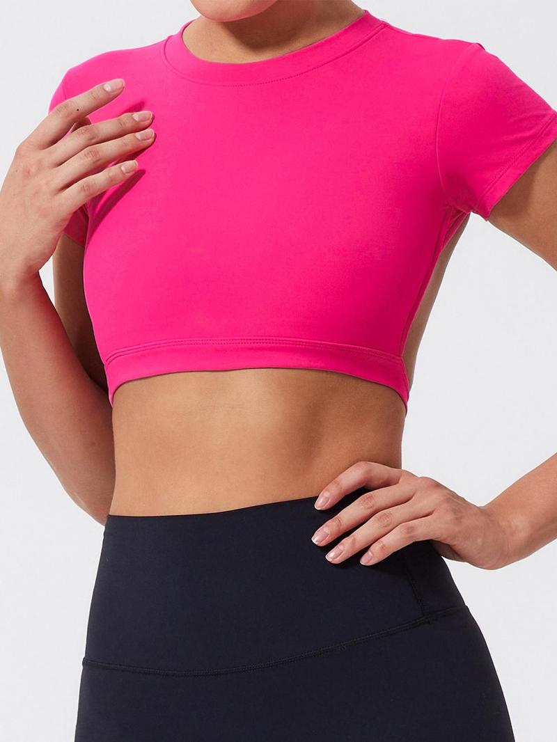 Women's Solid Backless Crop Gym Top, Casual Short Sleeve Round Neck T-Shirt for Daily Wear, Ladies Sportswear for Indoor and Outdoor Wear