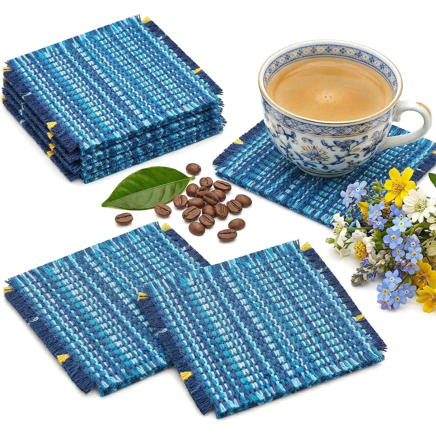 Boho Cotton Coasters Set of 6 for Desk, Bar, Coffee Table - Absorbent Fabric Square Coasters, Washable, Farmhouse Style