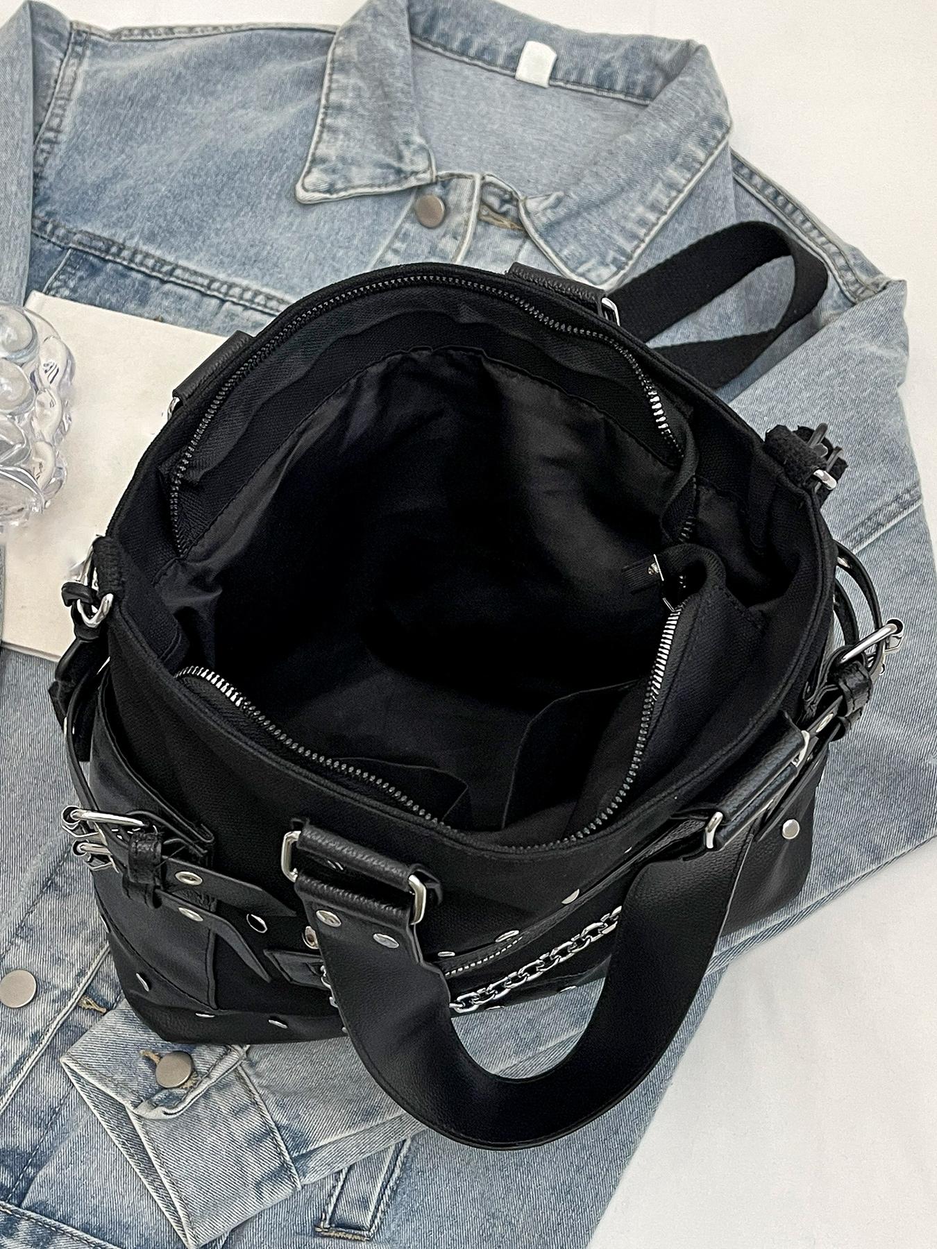 Niche Design Punk Style Rivet Chain Tote Bag, Casual Commuter Bag, Multi-pocket Functional Shoulder Crossbody Bag, Dark Hardware Decorated Handbag, Pu Tote Satchel, Street Style Fashion Trendy and Versatile, Suitable for Daily Travel, Etc