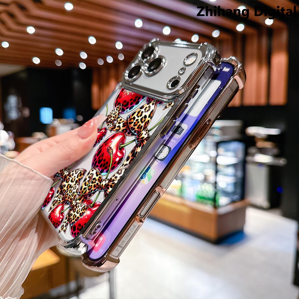 Cherry leopard print bow pattern four-corner shockproof transparent electroplated protective phone case for iPhone 17 Pro Max Air 16 Plus 15 14 13 12 11 Simple and stylish Durable Drop Protection Shockproof smartphone Cover