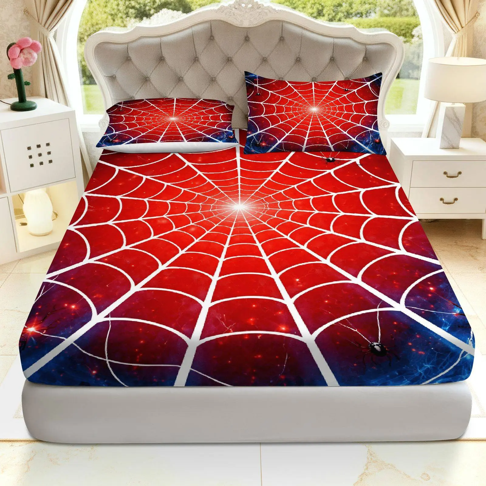 Three-piece red spider web bed sheet set (includes 1 bed sheet + 2 pillowcases, without inserts), Halloween-themed, spider web pattern bedding, soft and breathable mattress protector chocolate brown olive green various color white comforter paisley fun lu