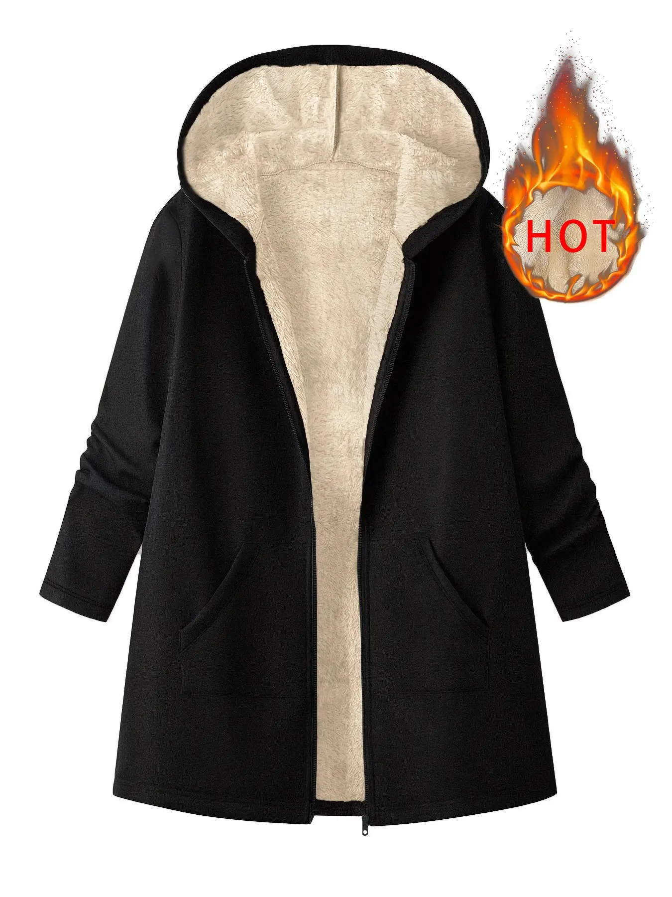 Women's Fall Winter New Arrival Casual Solid Color Soft Fleece Hooded Pocket Medium Length Jacket, Zip Up Hoodie with Drawstring Hem