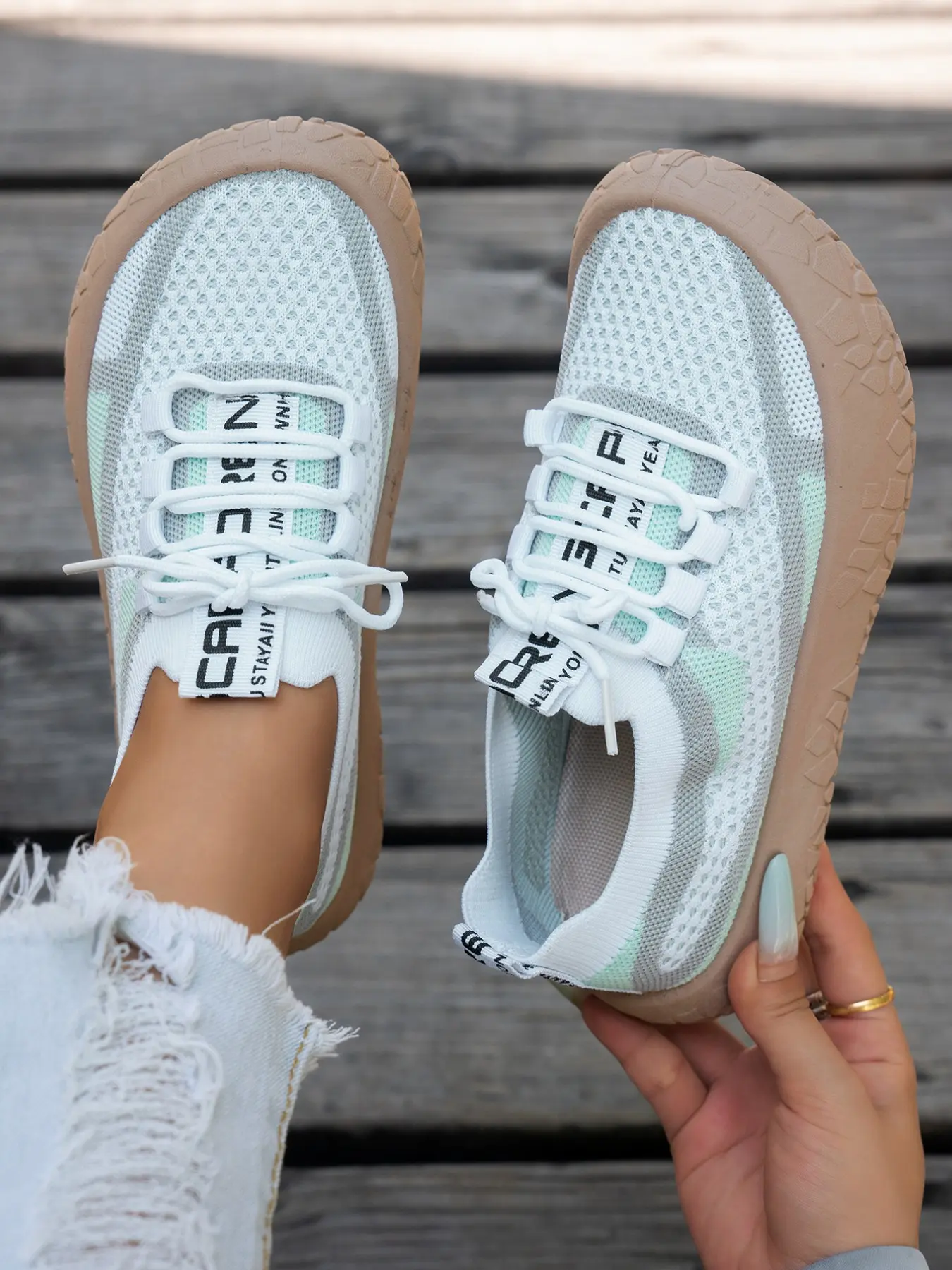 Women's Spring Summer Elastic Flyknit Mesh Casual Shoes, Breathable Slip-On Thick Sole Tire Pattern Hiking Shoes, Lightweight Anti-Slip Sports Shoes, Roundtoe Laces Trainers