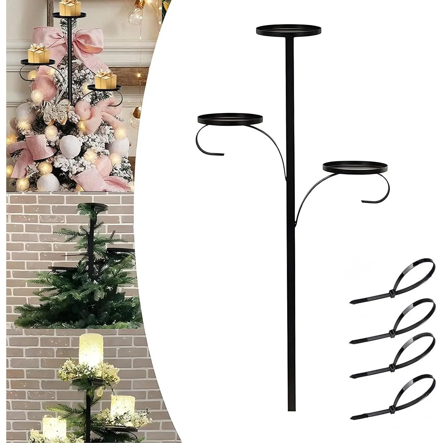 Candelabra Christmas Tree Topper,Black Metal Triple Tree Topper,23.6 Inch Christmas Tree Topper Holder for Candle、Santa Claus and Other Decorations