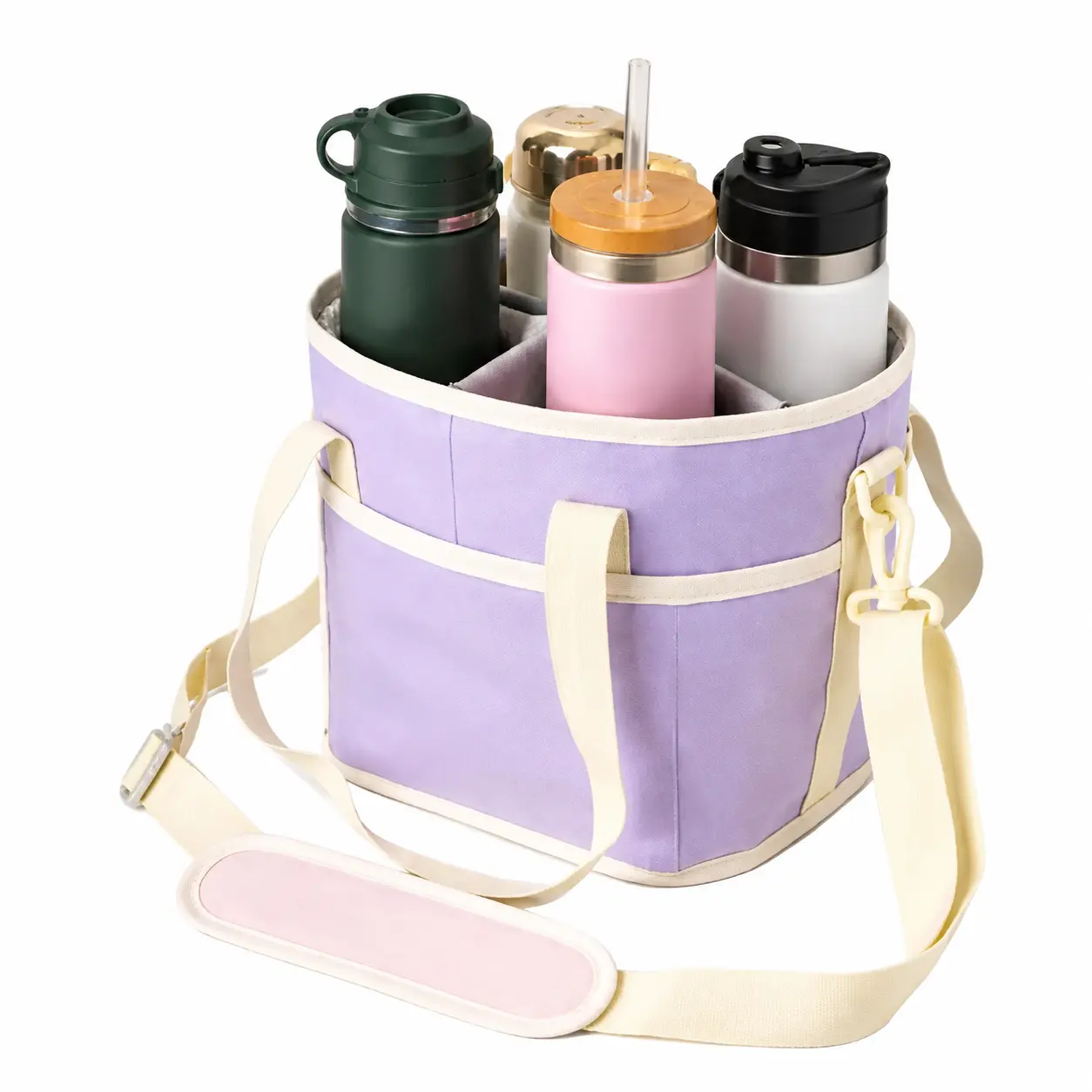 Insulated Portable Drink Carrier Tote Bag for Camping, Picnics, Beach Outings, Tailgating & Commuting — Features Adjustable Shoulder Strap, Multi-Compartment Dividers, Durable Water-Resistant Fabric, and Holds Up to Six Beverage Containers Securely
