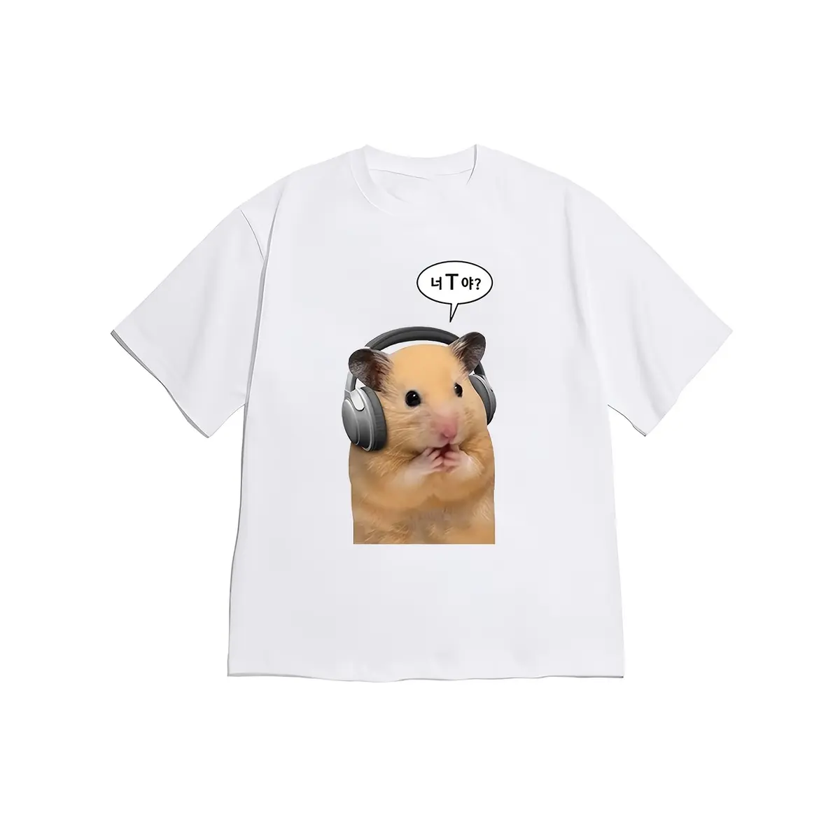 T-Shirt Short Sleeve, Cute And Fun Style Hamster with Headphones And Korean Text Bubble Illustration Short Sleeve T-Shirt Cute And Fun Style Comfortable Skin-Friendly Cute And Fun Style