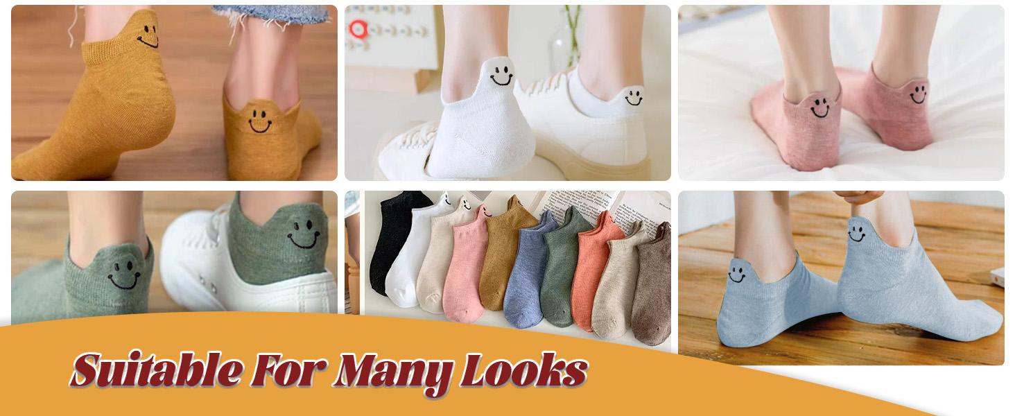 Smiley Face Socks 10 Pairs - Women's Cute Embroidered Ankle Socks, Kawaii Cotton Low Cut Socks for Daily Wear