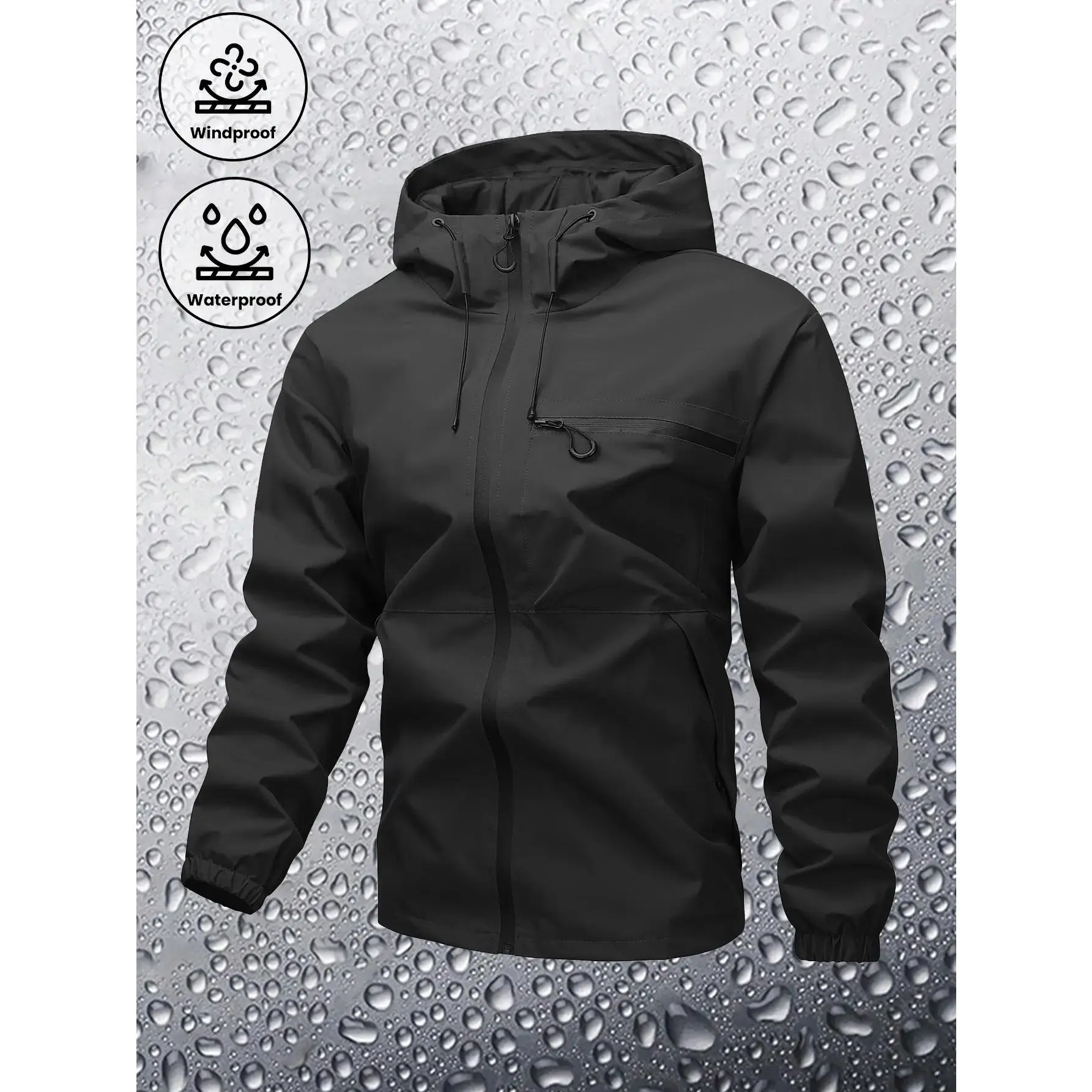 Men's Plain Waterproof Windproof Drawstring Zip Up Hooded Jacket, Casual Long Sleeve Zipper Pocket Design Outerwear for Outdoor Activities Men's Clothes for All Seasons, Menswear m  65  jacket Stripe Print Baseball Bomber Jacket Coats Stylish SpringStatem