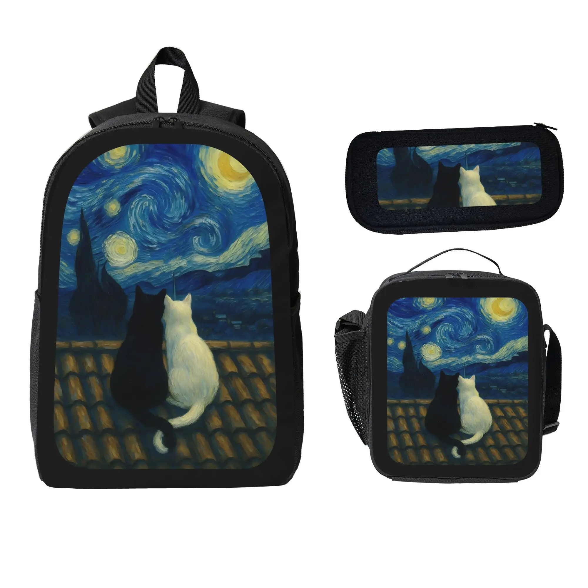 Student 3-Piece Functional Backpack Set - Fun Starry Sky Cat Print, All Seasons, with Included Lunch Bag and Pencil Case