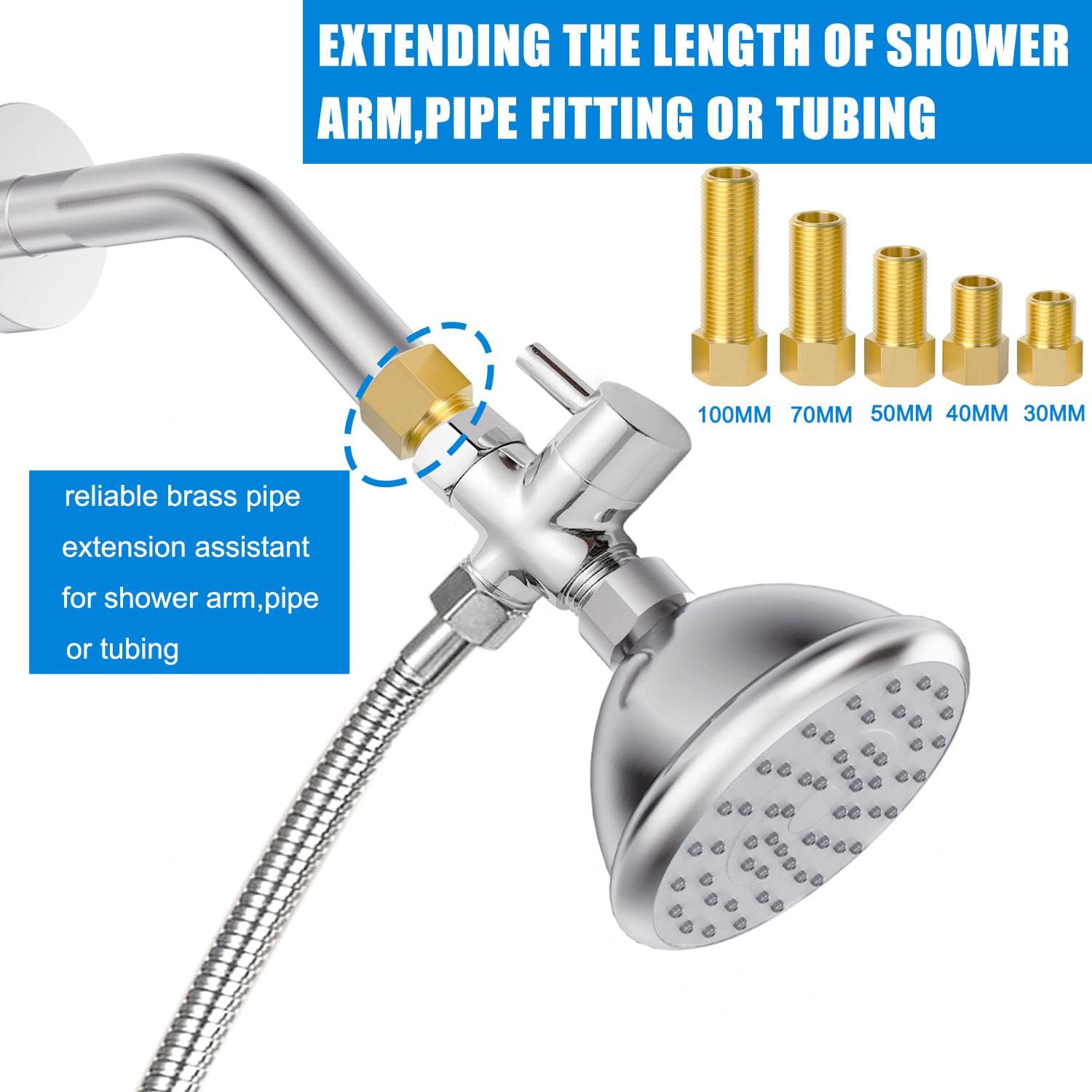 1/2" Brass Pipe Fitting, 1/2" Female to 1/2" Male Pipe Extension Fittings Connector for Tub Spout/Shower, Hex Bushing Converter Adapter, Length 30MM/40MM/50MM/70MM/100MM (5pcs) with Teflon Tape (2pcs)