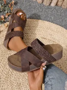 Women's New Slip-On Thick Bottom Beach Sandals, Braided & Crisscross Sandals Cross Design, Casual Solid Color Slippers for Summer