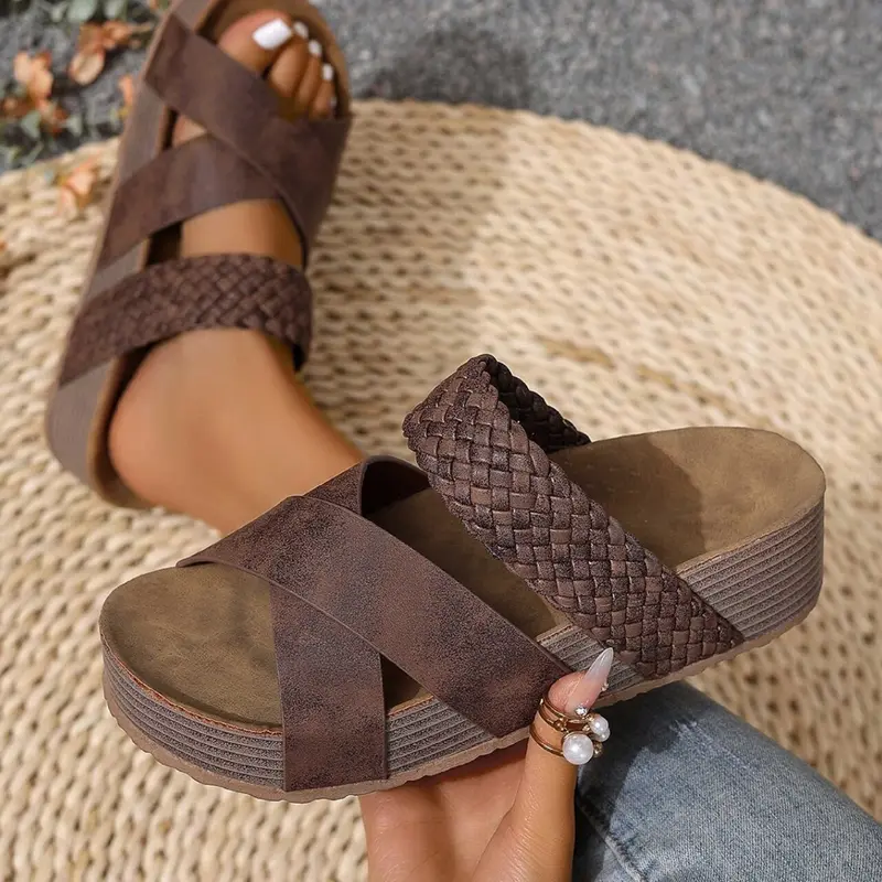 Women's New Slip-On Thick Bottom Beach Fashion Sandals, Braided & Crisscross Sandals Cross Design, Casual Solid Color Slippers for Summer Footwear for Beach