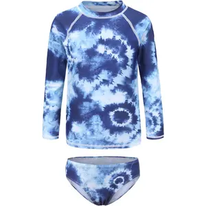 Girls Long Sleeve Rash Guard Set Tie Dye Bathing Suits Two Piece Swimsuits for Kids Swim Shirts 3-16 Years