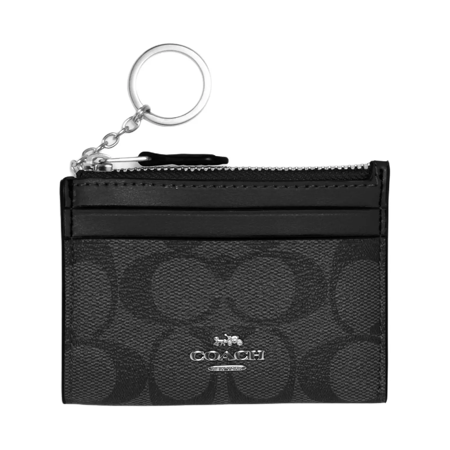 COACH Skinny ID Case for Women – Classic Monogram, Minimalist Zip Closure, Faux Leather Wallet in Black