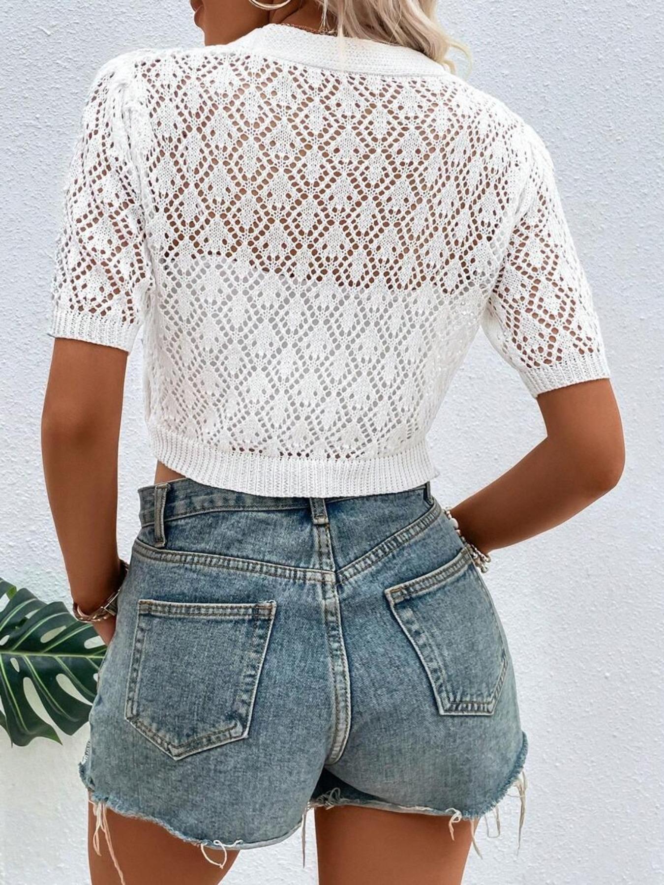 Women's V Neck Plain Hollow Out Button Front Knit Cardigan, Casual Spring Summer Short Sleeve Lightweight Short Cardigan, Women's Knitwear for Daily Wear, Knitting, Tops