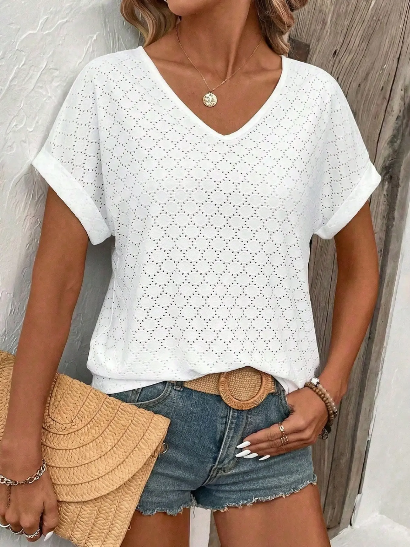 Summer Women's New Fashion Minimalist Drop Shoulder Sleeve Top, Embroidered Hollow V Neck Short Sleeve T-Shirt, Stylish Ladies' Clothing