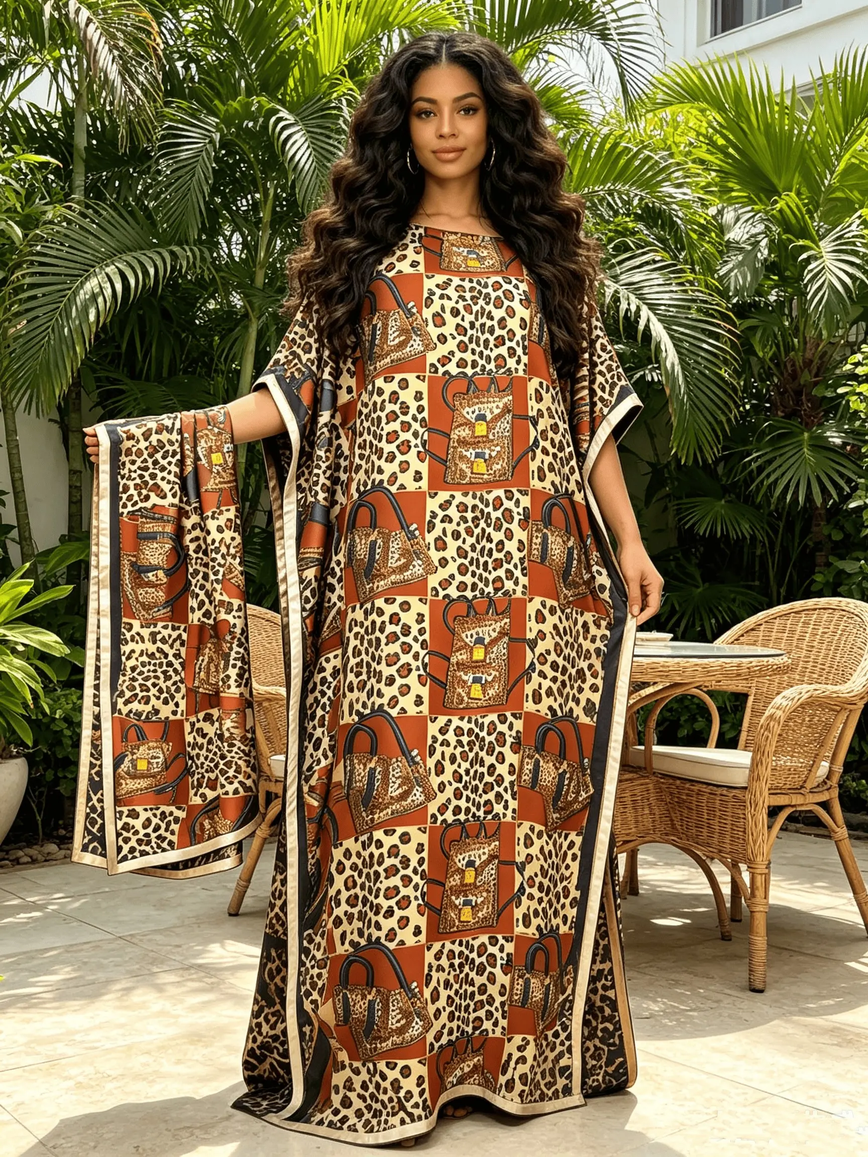 Plus Size Warm Russet Check Leopard Luxury Handbag Print Satin Long Kaftan Dress With Matching Headscarf, Silky Oversized Batwing Sleeve Maxi Abaya, Modest Casual Boho Resort Loungewear Robe Vacation Outfit For Curvy Dark Skin Women
