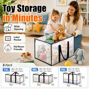 3 Pack Clear Extra Large Storage Bag 72L/88L/95L, Modern Minimalist Foldable Heavy Duty Moving Bag with Zipper, Reinforced Handles, Label Pocket, Water-Resistant See-Through Clothes Blanket Toy Organizer for Home, Closet, Dorm, Moving, Camping