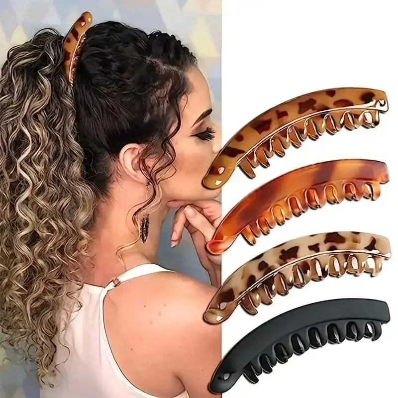 Tortoiseshell Banana Hair Clips (4-Pack) - Non-slip Teeth, Strong Hold for Thick Curly Hair, Ideal for High Ponytails, Casual Hairstyling, Banana Hair Clip tiktokshopbacktoschool