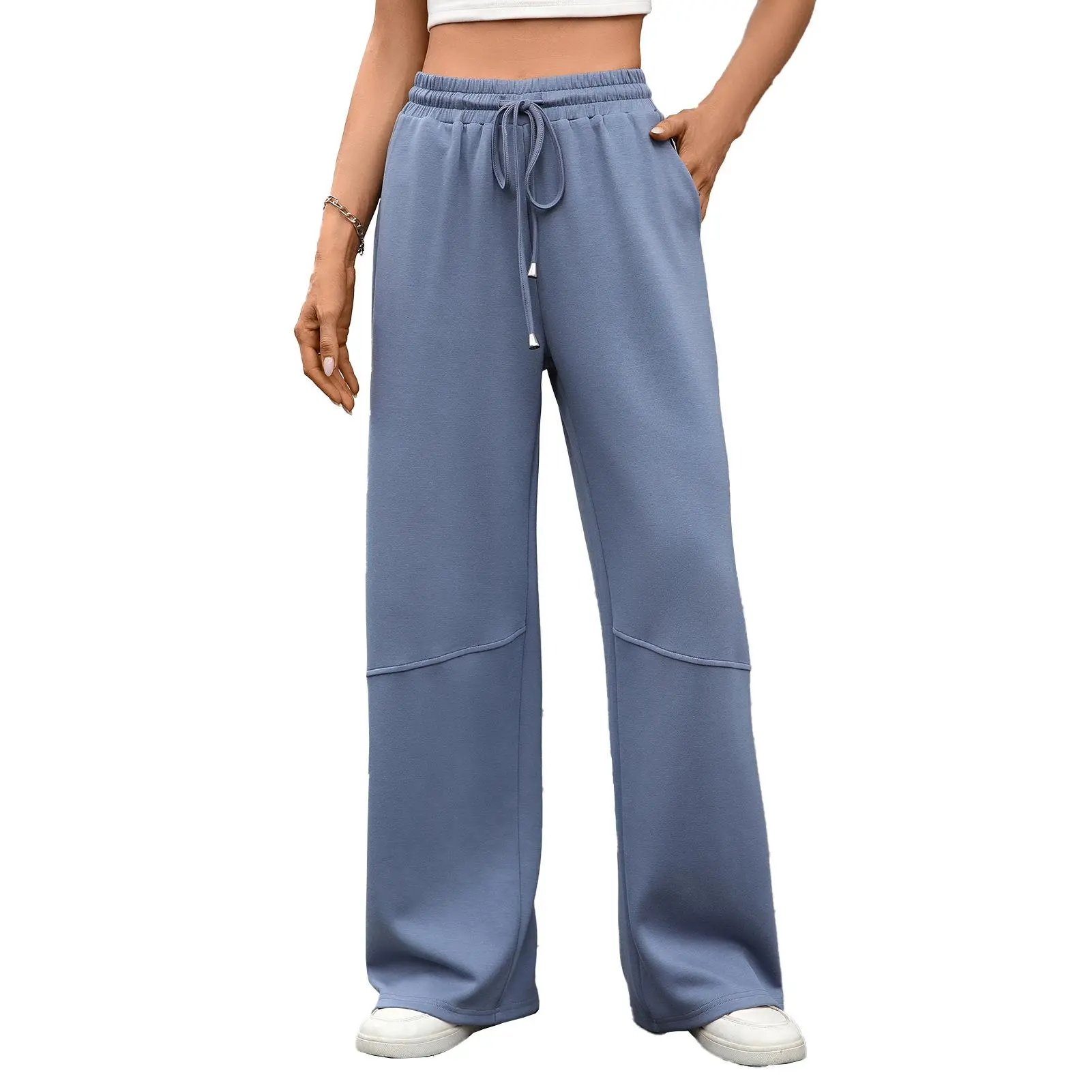 Women’s Solid Wide-Leg Pants with Elastic Drawstring Waist and Pockets, Loose-Fit Casual Fall Winter Trousers for Daily Wear, Travel and Lounge