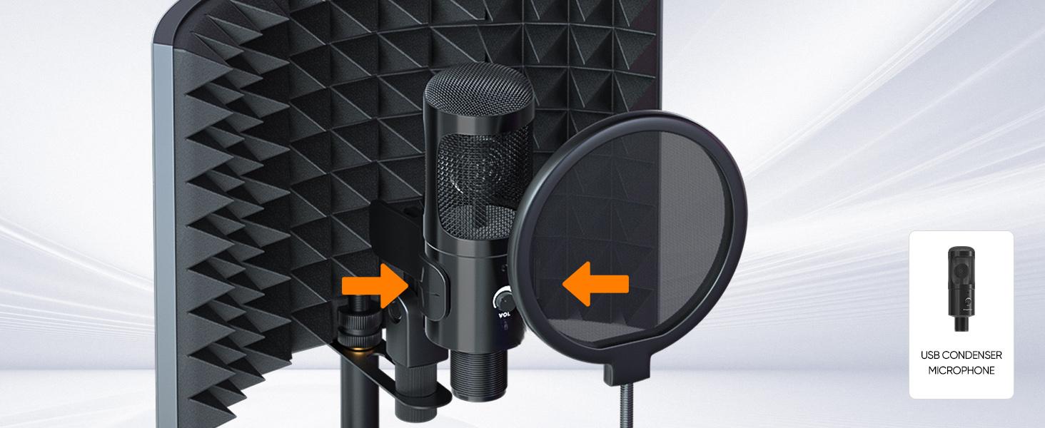 Studio Recording Microphone Isolation Shield with Pop Filter and Metal Tripod Stand, Studio Mic to PC Laptop Smartphone, Music Microphone for Recording Singing Podcasting