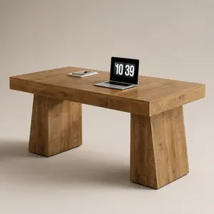 55 Inches Executive Desk, Mid-Century Modern Home Office Desk with Double Trapezoid Base, Wood Computer Desk Business Workstation Desk Small Conference Table