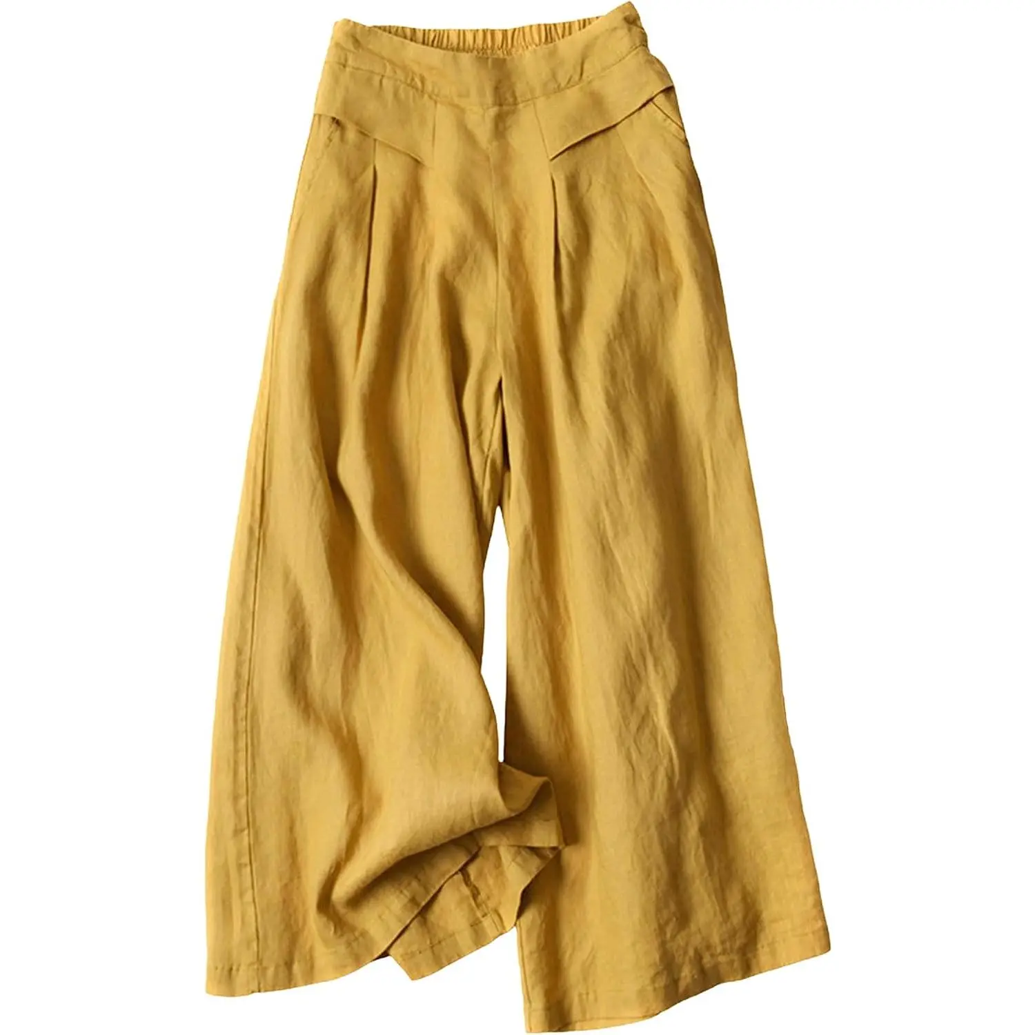 Women's High-Waisted Linen Pants, Casual Solid Palazzo Culottes with Elastic Back Waist and Side Pockets, Elegant, Flat, Baggy, Oversize, Loose, Comfy, Bottoms, Linen Fabric, Cropped Cut, Oversized, Flared, Loose Fit Wide Leg Pants, Culotte Pants