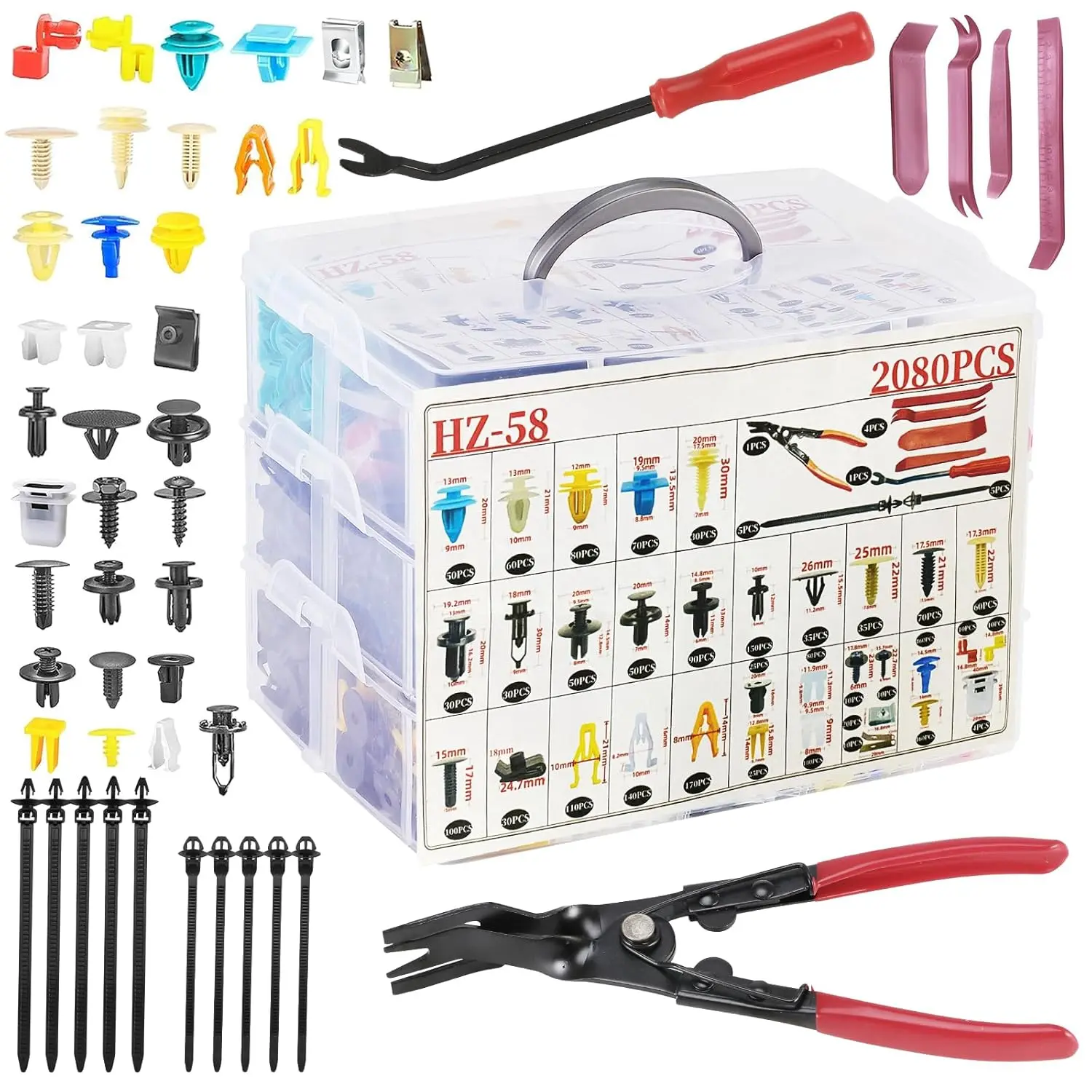 2080Pcs Car Retainer Clips & Fasteners Kit – 33 Universal Sizes Nylon Bumper, Fender Rivets, Door Panel Clips, and Plastic Rivets with 10 Cable Ties and Removal Tool for Toyota, Ford, Benz (2080pcs)
