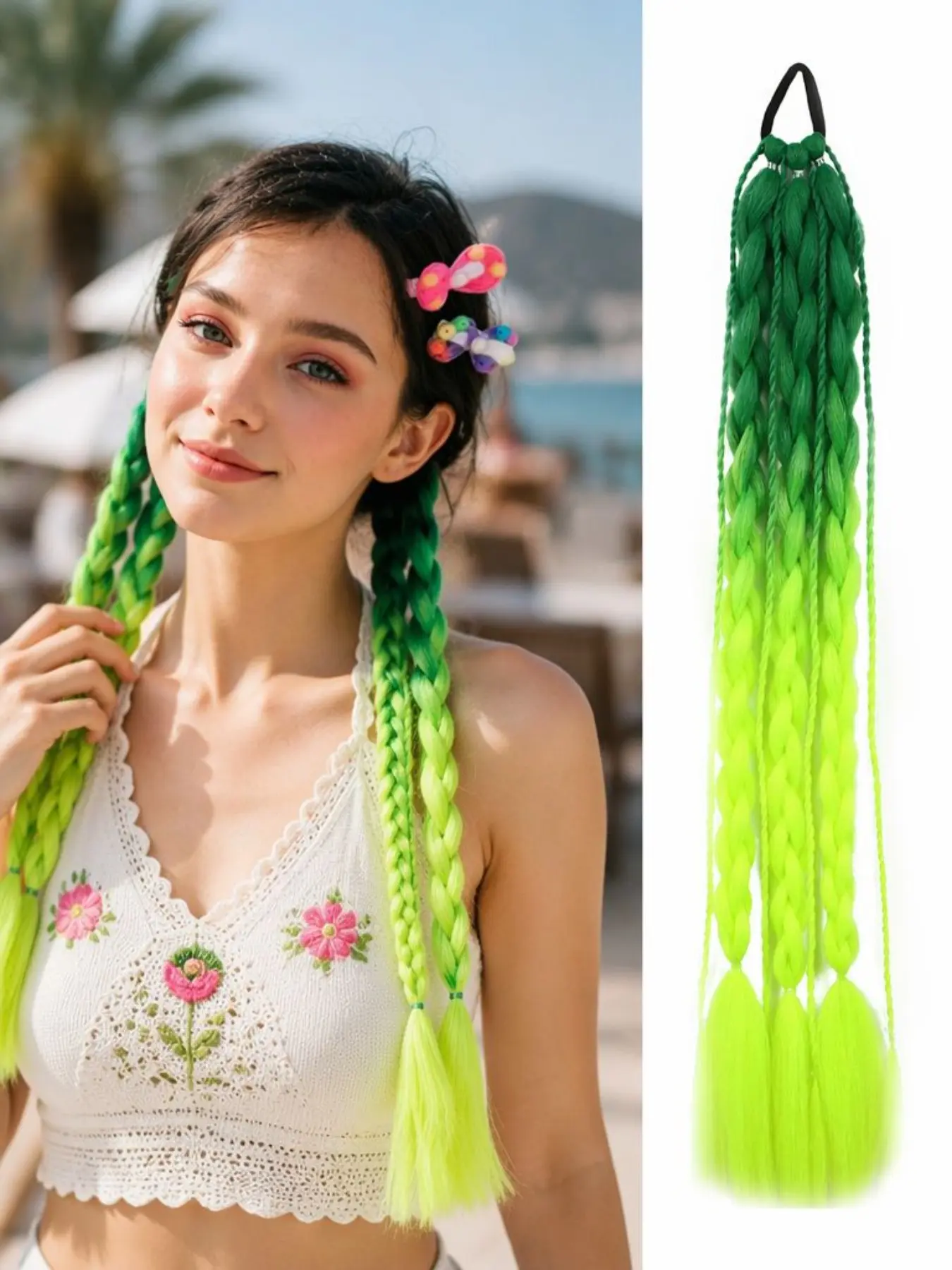 Synthetic colored hair extensions with elastic hair ties—24-inch green Ombre braided ponytail extensions. A fun accessory for girls' "Crazy Hair Day," DIY festive and quirky hairstyles, and suitable for daily wear, holiday celebrations, cosplay, and party