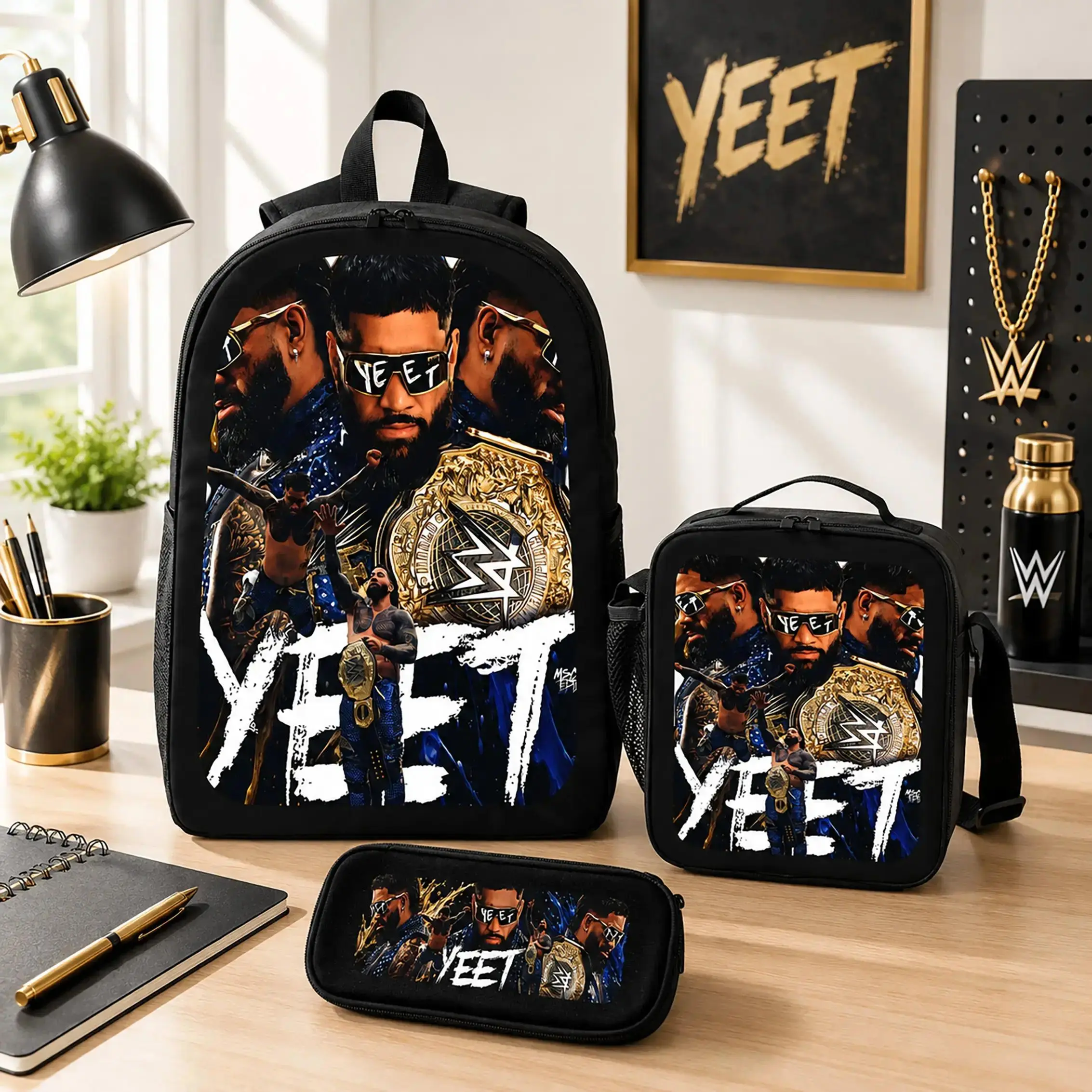 YEET 3-Piece Polyester Backpack Set - School/Travel Bookbag, Lunch Bag, Pencil Case - Lightweight Durable Wrestling Merchandise Fan Gift for Kids Teens - TikTok Viral Trending Wrestling Art Functional Bag