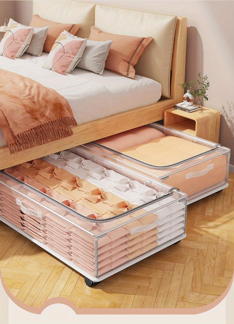 2pcs movable under-bed storage box with wheels, with cover, better storage items, wardrobe, bedroom, living room space-saving home box, bedroom clothes blanket storage box, under-bed storage drawer box., Under-Bed Storage