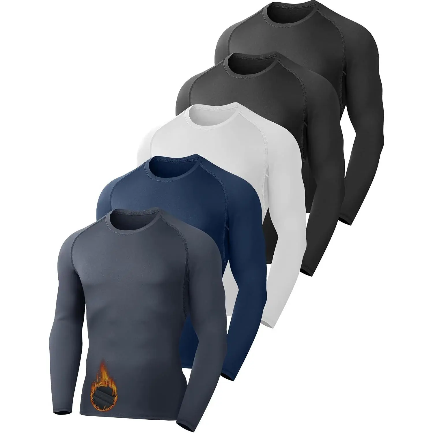 5 Pack Thermal Compression Shirts for Men Fleece Lined Long Sleeve Athletic Base Layer Winter Gear Undershirt Workout Top