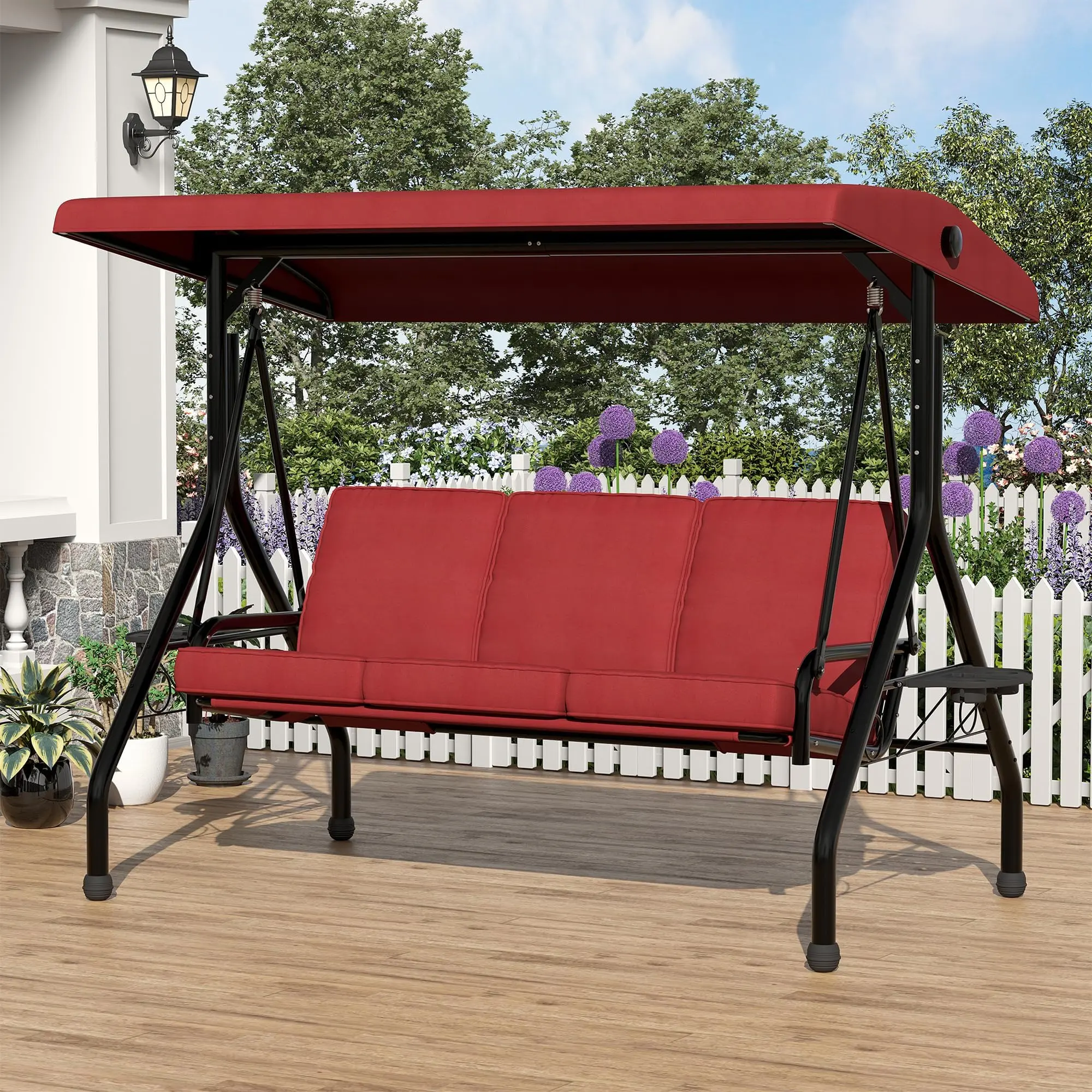 GAOMON 3-Seat Outdoor Patio Porch Swing with Canopy, Thick Removable Cushions, Cup Holders, Ideal for Backyard, Garden Use, Available in Red, Brown, Gray