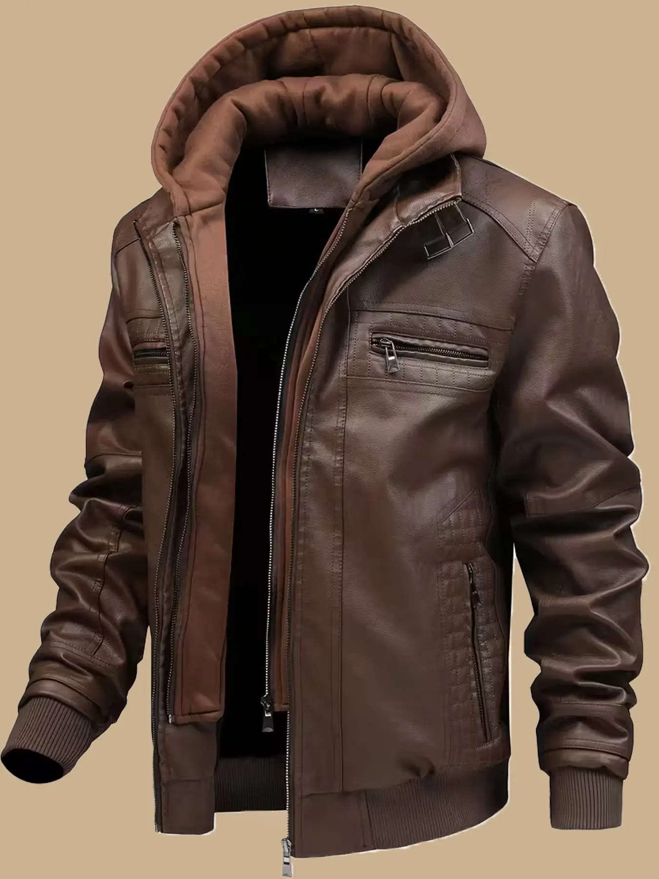 Men's Fashion PU Leather Hooded Fleece Lined Plain Jacket, Outdoor Cycling, Fall & Winter Wear, Comfortable, Stylish and Trendy Design