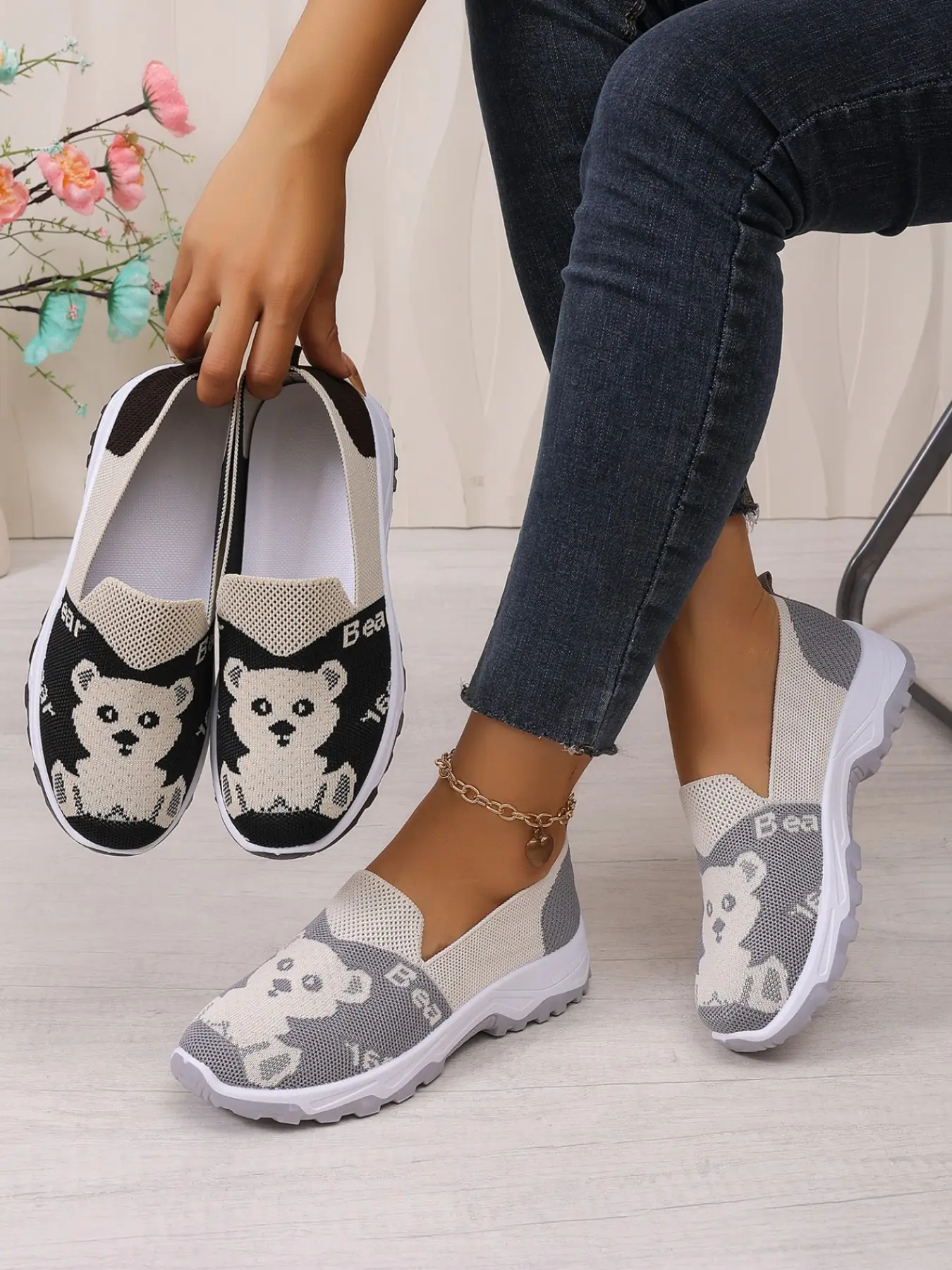 Women's Fashion Flyknit Casual Shoes, Lightweight Breathable Mary Jane Flat Shoes, Daily Commute Lazy Shoes, All Seasons Comfort