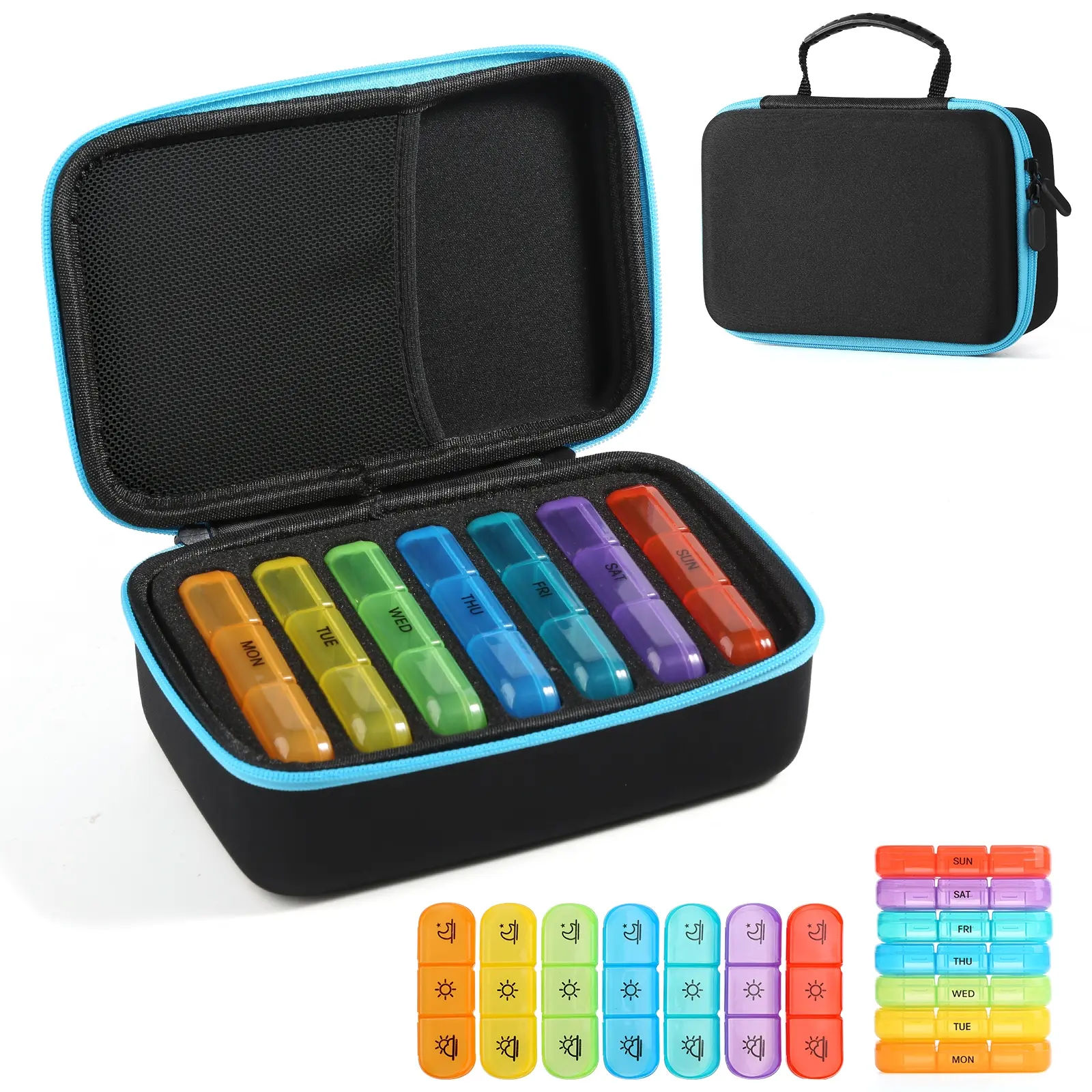 Weekly Travel Pill Organizer Storage Case, 3 Times A Day AM PM Upgraded Rainbow Pill Bag 7 Day with Portable Zipper Canvas Pill Box, Portable Vitamin Organizer
