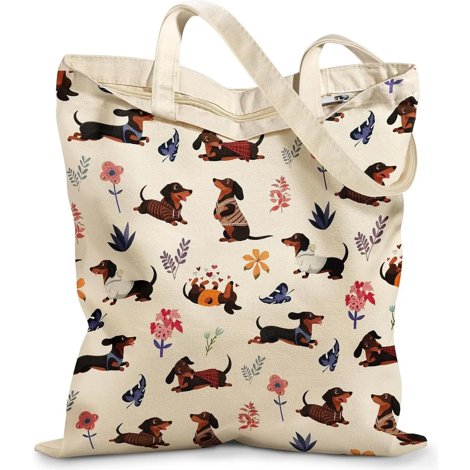 Women's Aesthetic Dachshund Print Zippered Top Canvas Tote Bag - Reusable Shopping Bag for Work, Travel (Home Organizer Tote), Shopping Bags