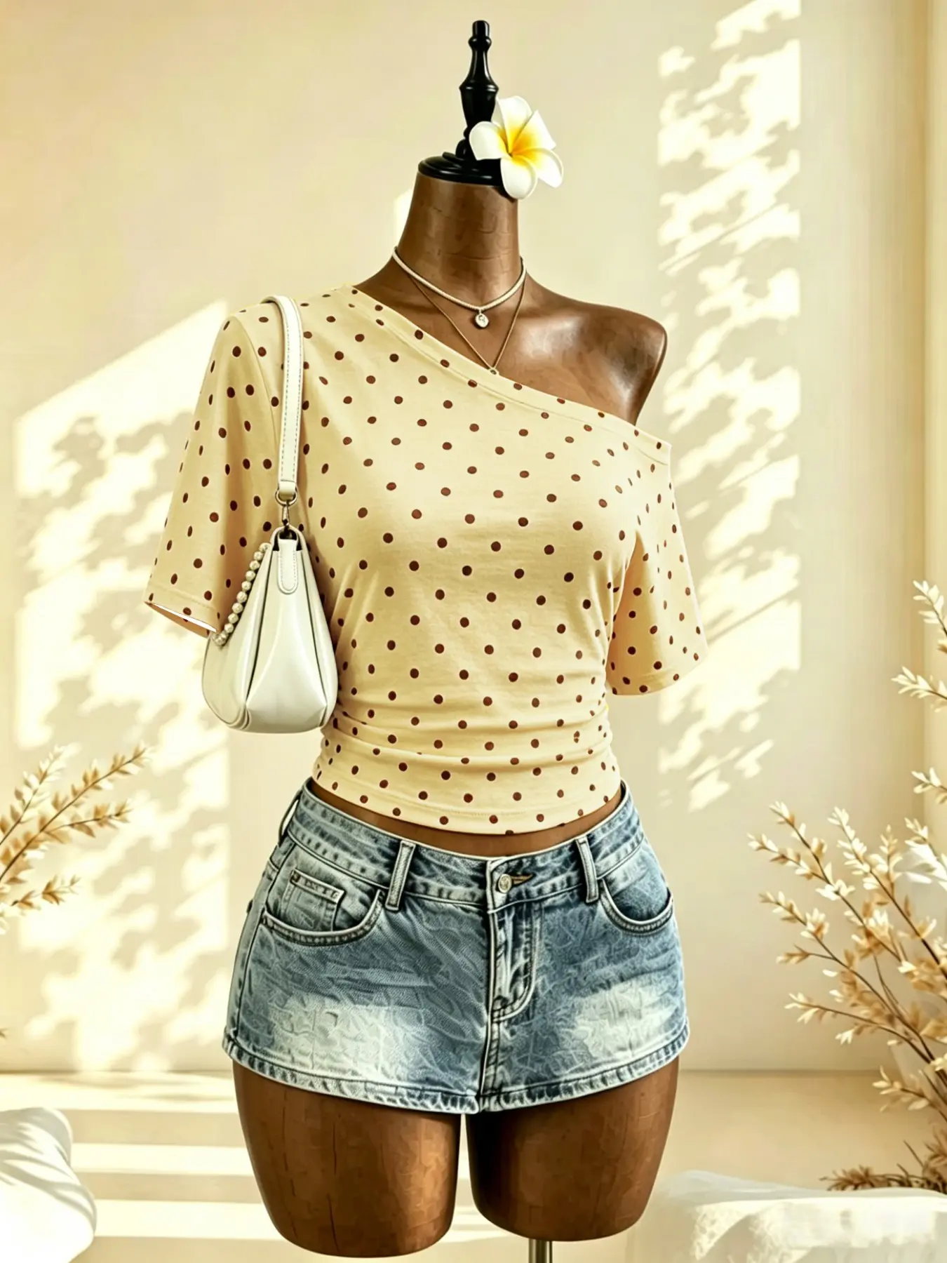Women's Polka Dot Leopard Print Off-Shoulder Slim Fit Short Sleeve T-Shirt, Casual Summer Top, Youthful Daily Wear, Outdoor Fashion, Beach Tops