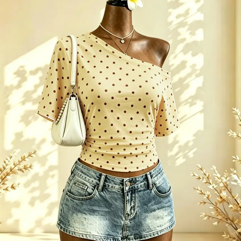Women's Leopard Print & Polka Dot Asymmetrical One Shoulder Slim-Fit Short Sleeve T-Shirt, Casual Summer Top, Fashion Casual Wear