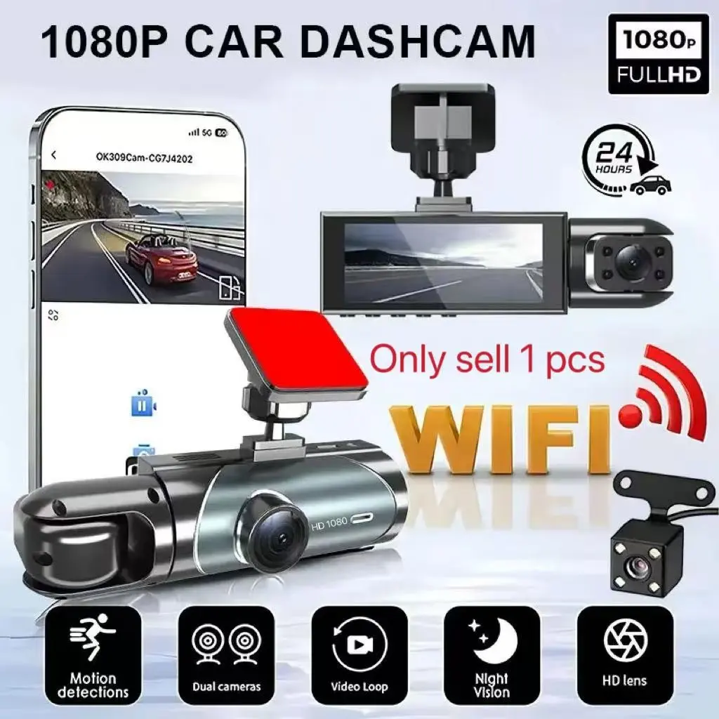 Car Dash Cam with 64GB SD Card, Wide Angle Dual Lens, Night Vision, 3.16-Inch IPS Screen, Plug-In Usage, Front & Rear Camera, Car Dashcam