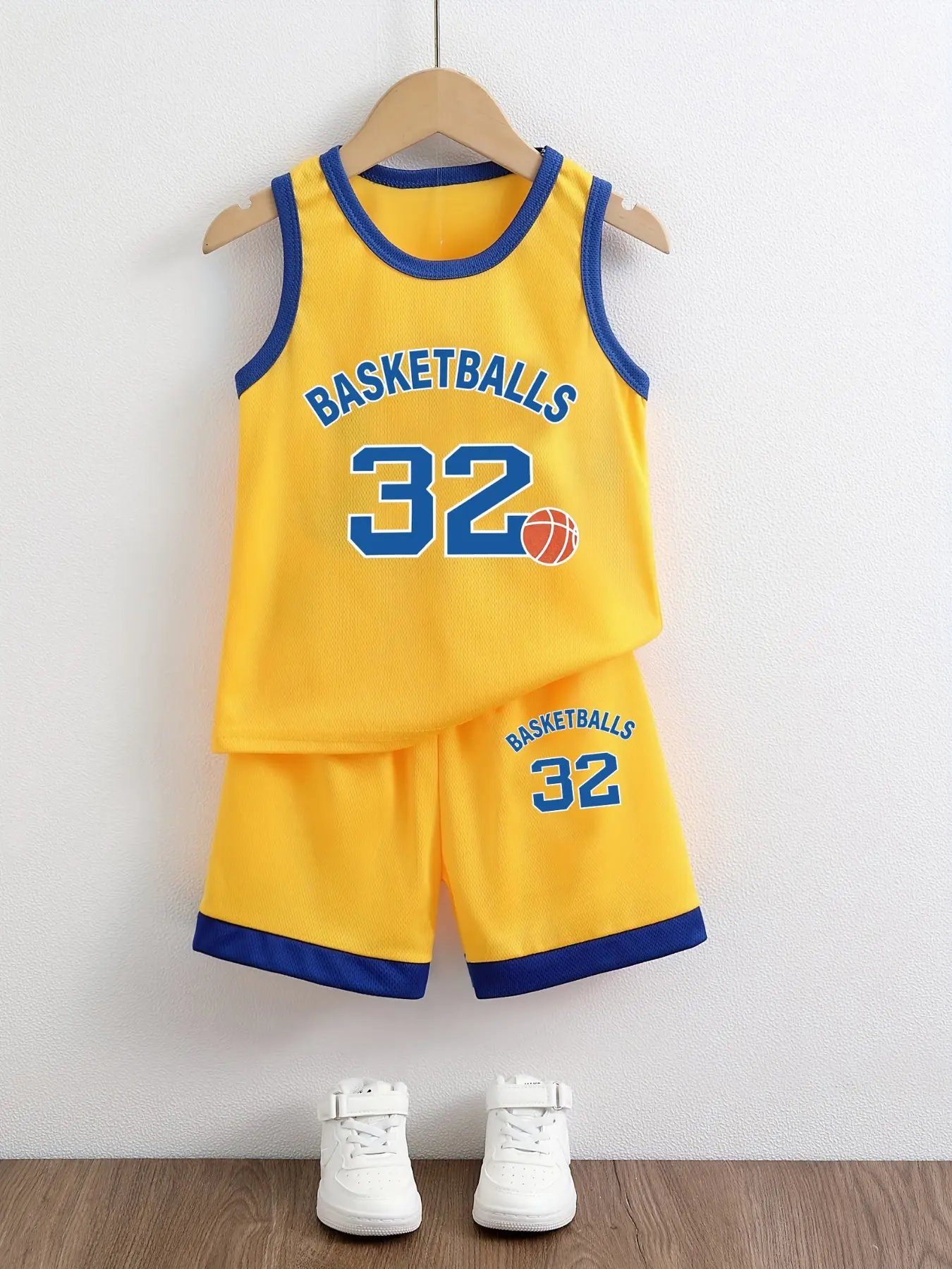 Unisex Sportswear Set, -Blue Colorblock Quick-Dry Basketball, Letter Print Mesh Sleeveless Top & Shorts, Loose Fit