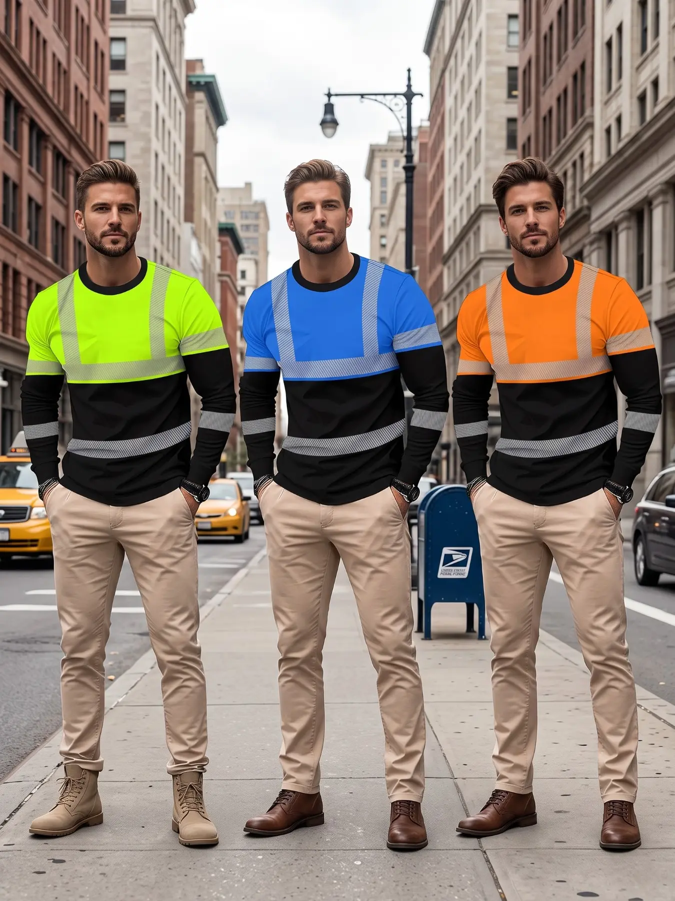 3pcs Men's Long Sleeve T-Shirts, Fun Two-Piece Reflective Safety Gear, Printed Casual Tops, Creative Engineering Apparel