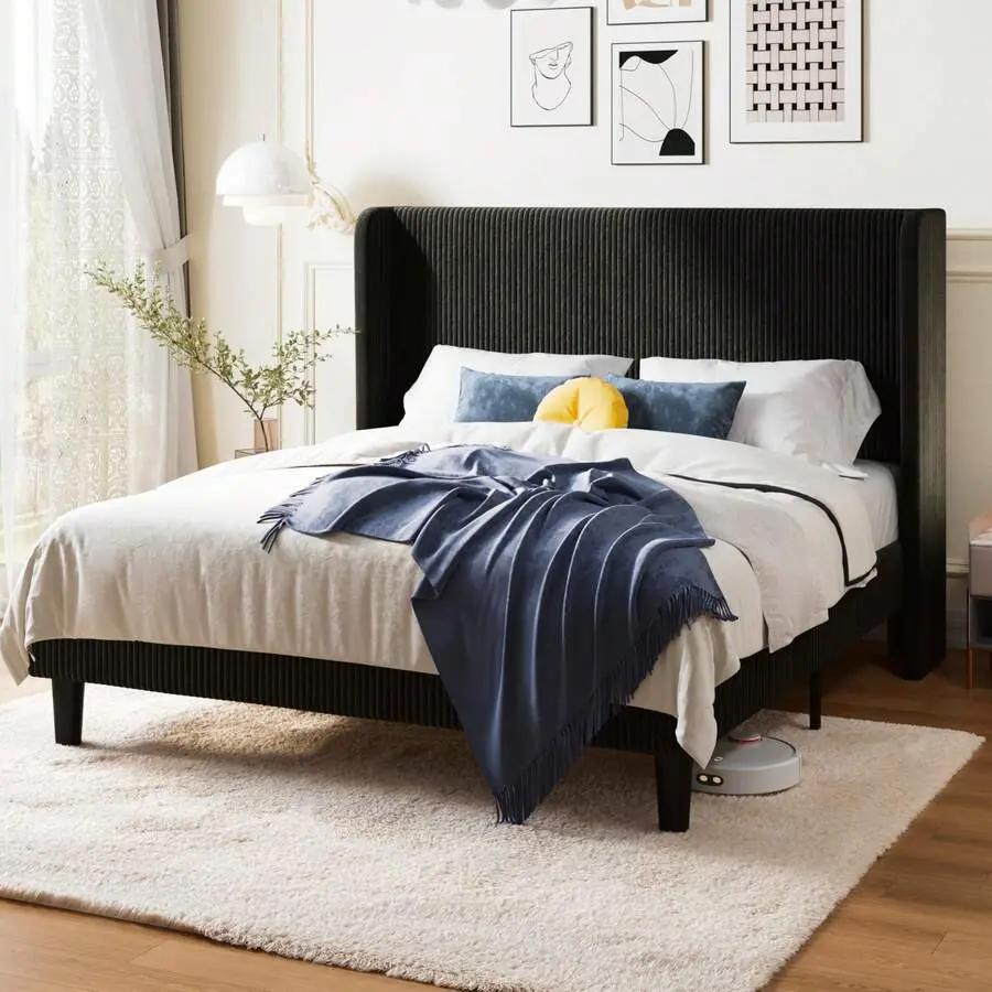 Tufted Velvet Upholstered Winged Back Platform Bed Frame (Full/Queen Size), Vertical Channel Design, Strong Wooden Slats Support, Supports 800lbs, No Box Spring Needed, Easy Assembly, Black