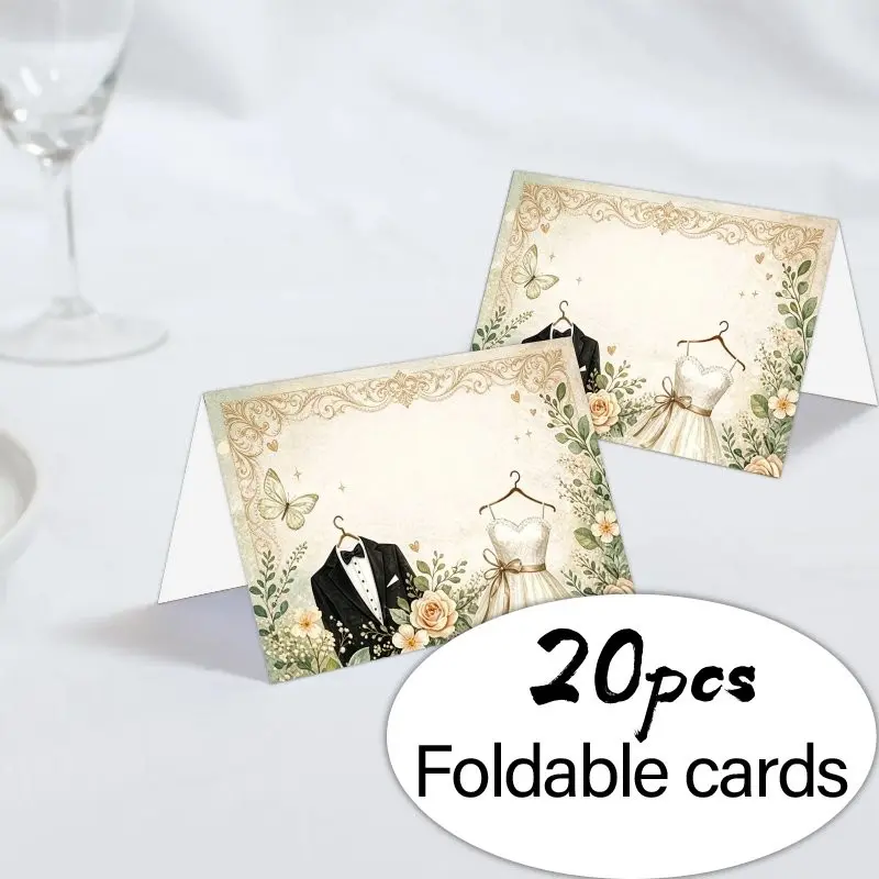 20 floral wedding seat cards, watercolor floral bridal and groom's dresses with personalized name and seat card designs, desktop decorations for weddings, birthdays, and baptismal events