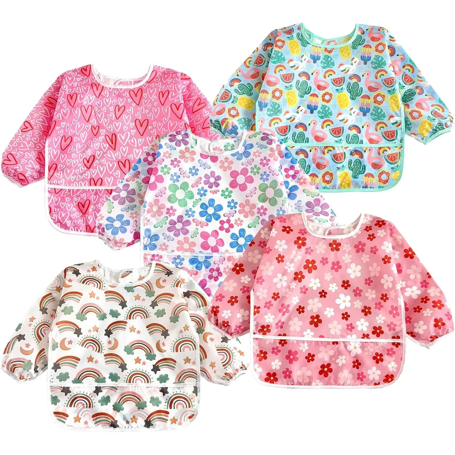 5 Pack Baby Long Sleeve Bibs |     Waterproof Full Sleeve Bib Baby Infant Toddler 6-36 Months
