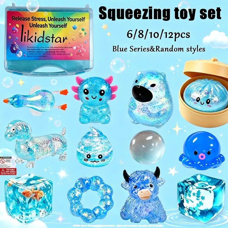 6/8/10/12pcs - Blue Series Soft Stress Relief Toy Set, Soothing Anxiety, Soft Slow Rebound Toy, Interesting Interactive Design, Office Desk Accessories, Gift Box
